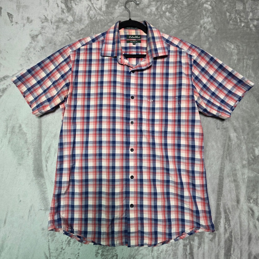 ColorPlus Mens Tailored Fit Plaid Button Down Shirt Red Blue White Cotton Size M